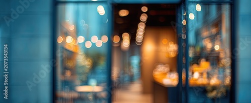 A blurred view through a storefront window showcases warm, inviting bokeh lights against a cool blue exterior.