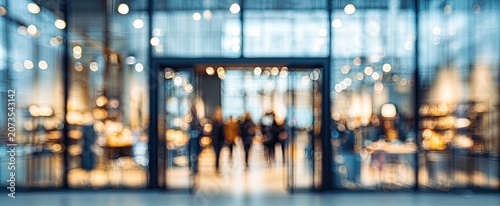 A blurred view showcases the entrance of a modern building with people entering and exiting.