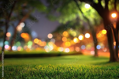 A blurred nighttime scene showcases a vibrant green lawn bordered by trees and illuminated by a bokeh of warm and cool lights, creating a tranquil and dreamy atmosphere.