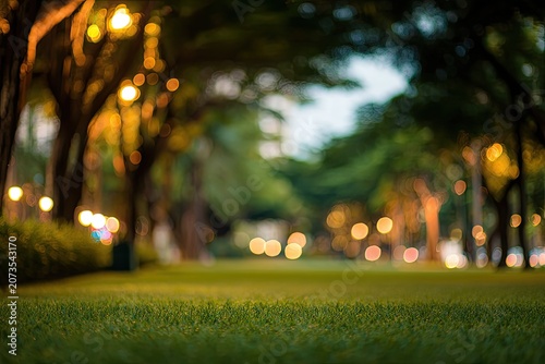 A blurred, dreamy park scene is illuminated by soft, glowing bokeh lights.