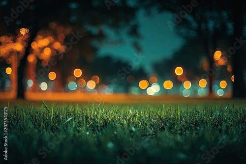 A serene nighttime scene captures the soft glow of bokeh lights illuminating a vibrant green lawn, creating a tranquil and dreamlike atmosphere.