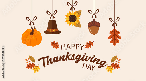Happy thanksgiving day celebration with hanging autumn objects