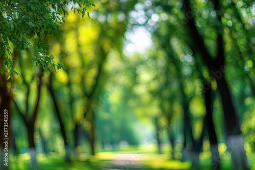 A soft, blurred photograph captures a sun-drenched forest scene with vibrant green foliage and a tranquil atmosphere.