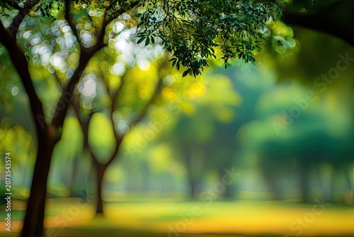 A soft, dreamy photograph captures the serene beauty of a lush green forest, with sunlight filtering through the leaves creating a bokeh effect.