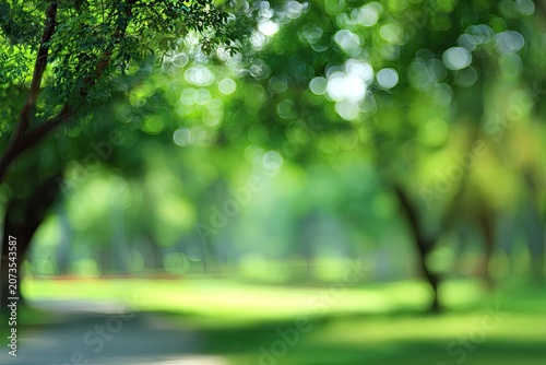 A soft, blurred photograph captures a lush green park scene with dappled sunlight filtering through the trees, creating a serene and peaceful atmosphere.