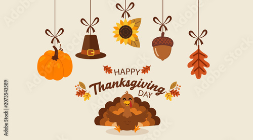 Happy thanksgiving day illustration with festive autumn elements and a cheerful turkey