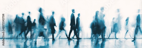 A blurred, long-exposure image captures the motion of numerous people walking purposefully through a modern, brightly lit interior space.