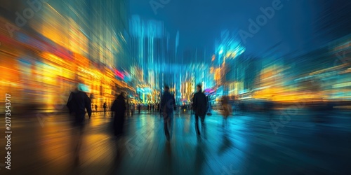 A vibrant, blurred cityscape at night showcases a bustling urban scene with streaks of light and motion, capturing the energy of a crowded street.