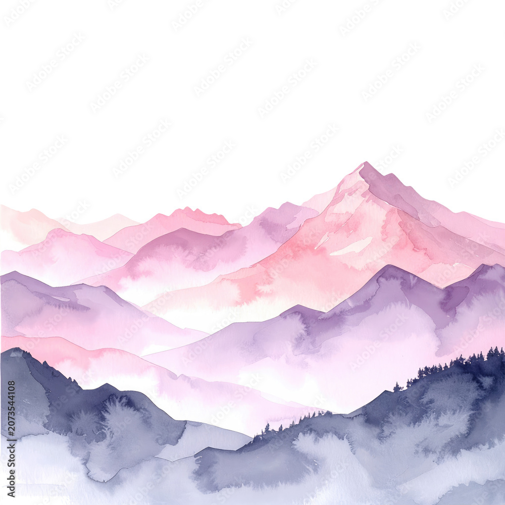 Fototapeta premium Soft watercolor painting depicts layered mountain range under a black sky. Misty, pastel colors