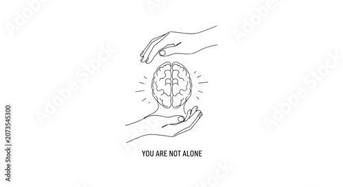 Line art illustration of hands cradling a human brain with text.