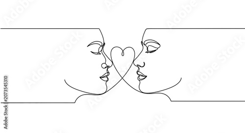 Minimalist continuous line art illustration of two faces forming a heart shape.