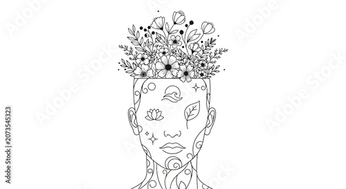 Line art illustration of a human head blooming with intricate floral arrangements and mystical symbols.