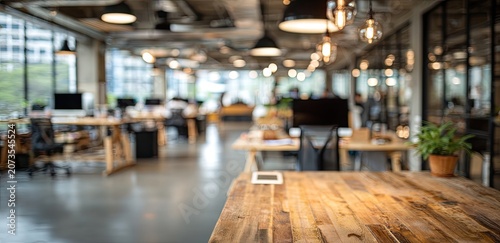 A blurred view of a modern, open-plan office space with a wooden desk in the foreground, showcasing a collaborative and contemporary work environment.