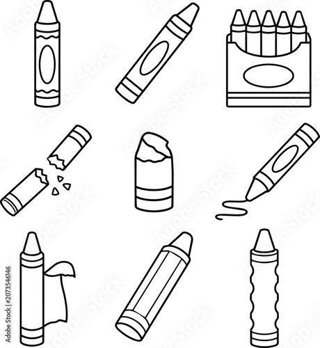 Crayon set with single crayons box broken piece and drawing outline