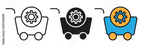 Resource Processing Management Icon. Industrial mining cart with an integrated gear mechanism representing production control workflow optimization and mechanical engineering operation management.