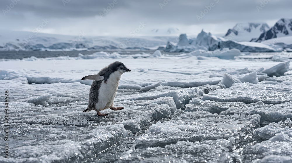 Obraz premium Charming Penguin Chick Navigates Icy Antarctic Landscape with Snowy Peaks in Background