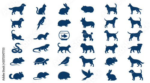 Photography Diverse Pet Animal Silhouettes Set: Dogs, Cats, Birds, Rodents, Reptiles, Fish