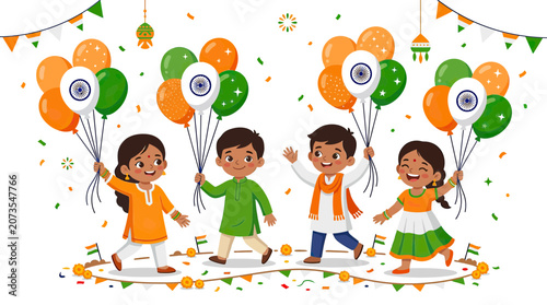 Photos Happy Indian Kids Celebrating Independence Day with Balloons and Flags