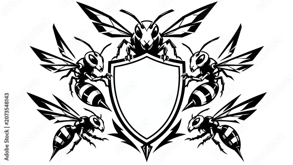 Fototapeta premium A shield emblem with four attacking wasps on a white background
