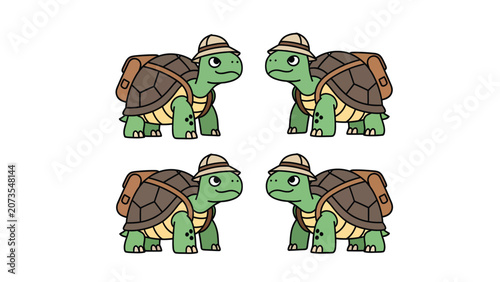 Four cartoon turtles wearing explorer hats and backpacks, arranged in a square formation.