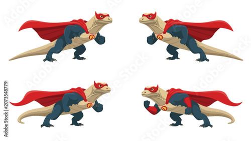 Four cartoon komodo dragons dressed as superheroes with red capes and masks, ready for action.