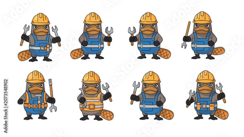 Set of cute cartoon platypus characters wearing construction worker outfits and holding tools.