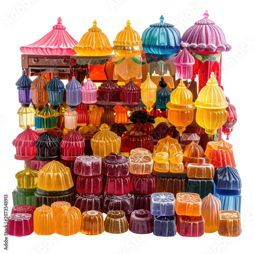 Assortment of colorful, gelatinous confections artfully stacked and arranged