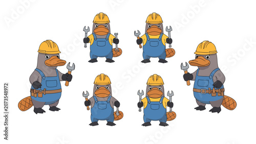 Group of cartoon platypuses dressed as construction workers holding tools and wearing hard hats.