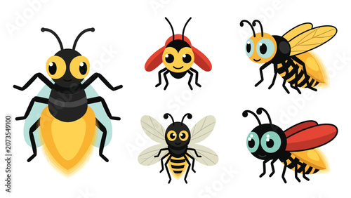 A collection of six cute and colorful cartoon insects, including bees, ladybugs, and other flying creatures, set against a white background.