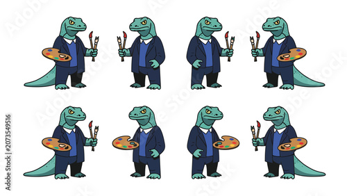 Cartoon Lizard Artist Character with Paint Palette and Brushes.