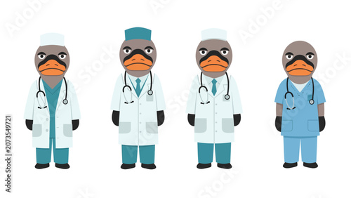 Four cartoon ducks dressed as doctors wearing medical scrubs and lab coats with stethoscopes.