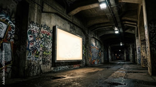 Graffiti covered concrete underpass tunnel with illuminated blank billboard display, urban gritty aesthetic, night scene