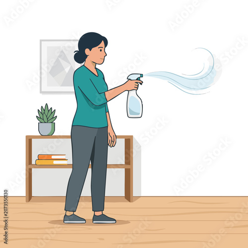 Person spraying air freshener in a simple room with a shelf and a plant for a fresh scent experience