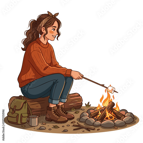 Person roasting marshmallow over a campfire while sitting on a log during evening time in a forest setting