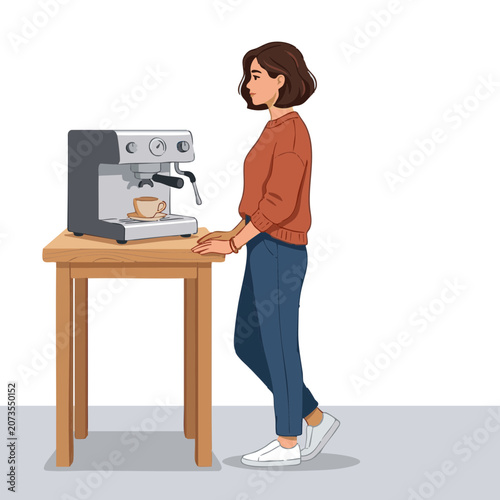 Woman waiting at cafe while coffee is made at counter in modern flat design style