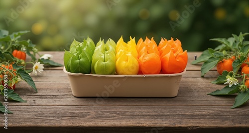 Photography, close-up, wooden rustic table. In the center of the frame on the table is original packaging (a craft container) containing physalis fruits in papery husks. 