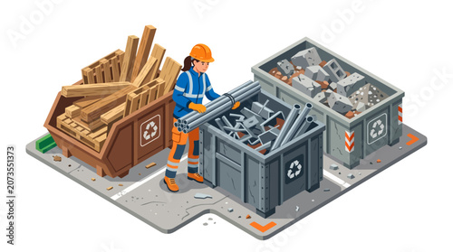 Isometric Illustration of Female Construction Worker Sorting Waste into Recycling Bins