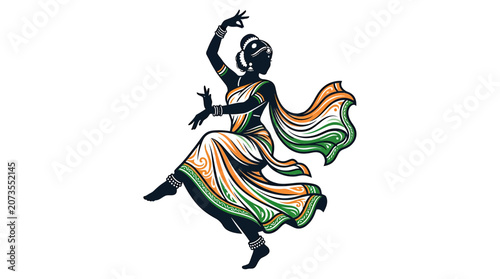 Quadro su tela Indian Dancer Silhouette in Traditional Costume, Performing Classical Dance