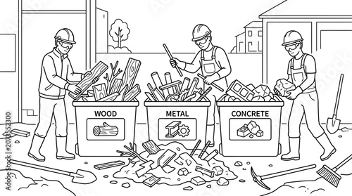 Construction Workers Sorting Recycling Waste Coloring Page Illustration, Site Debris Management Line Art