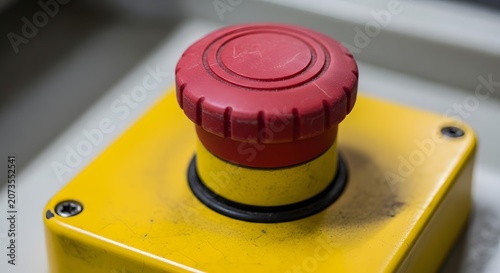 Close up of a red emergency stop button on a yellow industrial control panel.