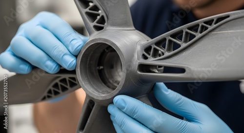 Close up of hands in blue gloves assembling a complex gray 3D printed object.