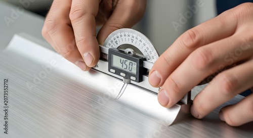 Close up of hands using a digital protractor to measure angle on metal surface.