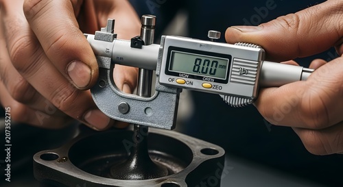 Close up of hands using a digital micrometer to measure a mechanical part.
