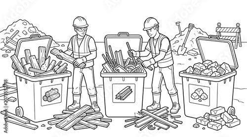 Construction Waste Recycling Line Art: Workers Sorting Wood, Metal, and Concrete into Bins for Sustainable Site Management