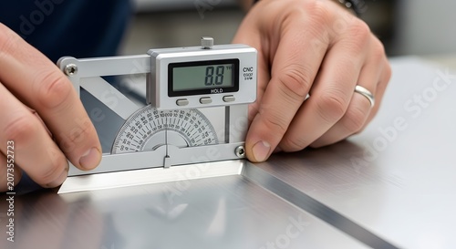 Close up of hands using a digital protractor to measure angle on metal surface.