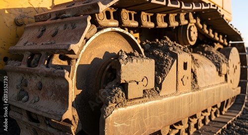 Close up of heavy construction machinery caterpillar tracks and wheels.
