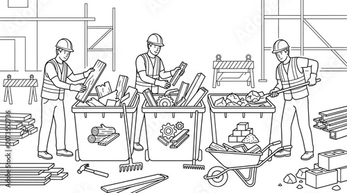 Construction Workers Sorting Waste for Recycling Line Art Illustration