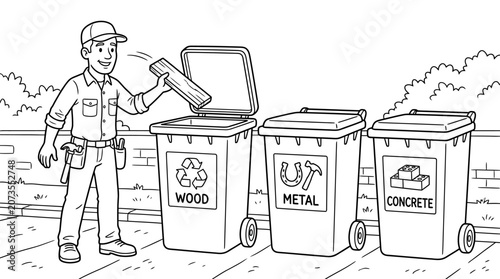 Construction Worker Sorting Waste for Recycling Coloring Page