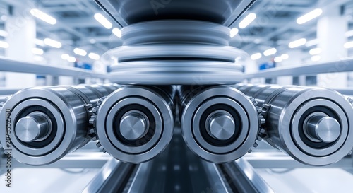 Close up of industrial conveyor belt rollers in a factory setting.