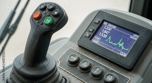 Close up of heavy machinery control panel with joystick and digital display.